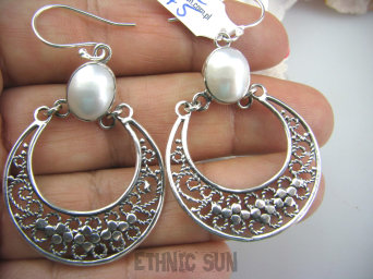 bkee775 DUŻE, DŁUGIE , SZEROKIE ORIENTALNE AŻUROWE Kolczyki Perła hodowlane Perły Srebro 925