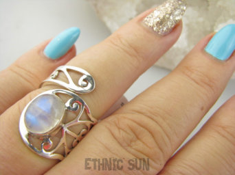 bpe9336 Artystyczny Ażurowy Regulowany Pierścień Pierścionek Kamień Księżycowy r.14, r.15, r.16, r.17 szeroka obrączka Srebro 925