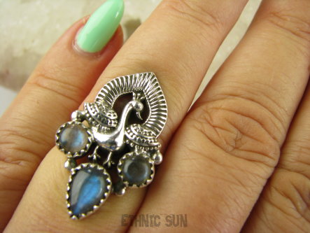 bpe9077 Orientalny Pierścień Pierscionek Królewski Paw oraz Labradoryt Spektrolit r.16 Srebro 925 #