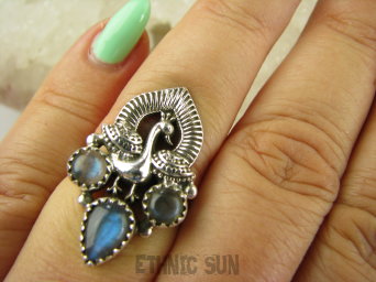 bpe9077 Orientalny Pierścień Pierscionek Królewski Paw oraz Labradoryt Spektrolit r.16 Srebro 925 #