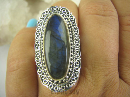 bpe6380 Długi 3.7 cm Pierścień Labradoryt SZARO NIEBIESKI Spektrolit - kamień Zorzy Polarnej r.20/ R.21 Srebro 925 #