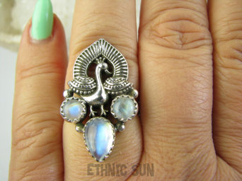 bpe9071 Orientalny Pierścień Pierscionek Królewski Paw oraz Kamień Księżycowy r.18 Srebro 925 #