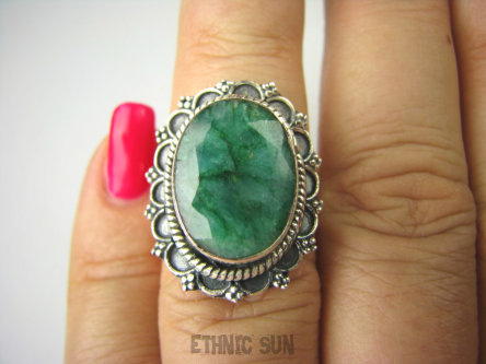 bpee3701 SZMARAGDOWY Egzotyczny OKAZ Pierścień zielony Szmaragd Indyjski Szmaragdy r.12/r.13 Srebro 925 #