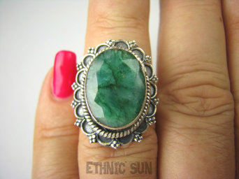 bpee3701 SZMARAGDOWY Egzotyczny OKAZ Pierścień zielony Szmaragd Indyjski Szmaragdy r.12/r.13 Srebro 925 #