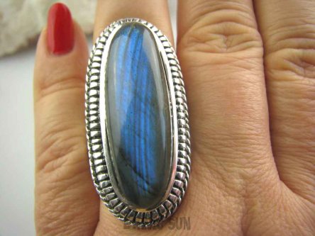 bpe4015 Baśniowy gigant 4,3 cm !!! Wielki Masywny 22 gramy Pierścień Niebieski w paseczki Labradoryt Spektrolit - Kamień zorzy polarnej r.22 Srebro 925 #