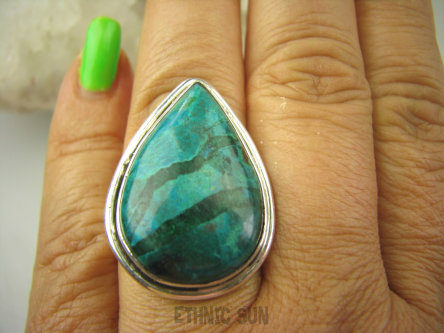 bpe7868 Piękny Klasyczny Pierścień AZURYT Z CHRYZOKOLĄ RZADKOŚĆ r.19 Srebro 925 #