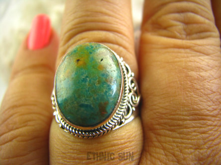 bpe3059 Biżuteria Egzotyczna !!! Orientalny Pierścień naturalny  turusowy ZIELONY TURKUS - opiekun ciała i duszy Turkusy r.19/r.20 Srebro 925 #