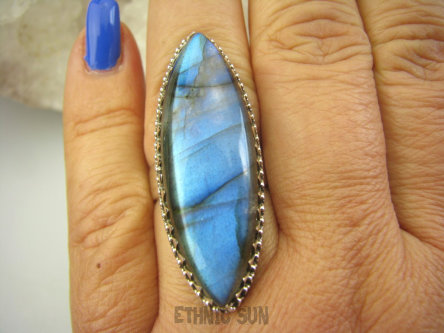 bpe7175 Długi 4.2 cm  Egzotyczny Pierścień Labradoryt Spektrolit - kamień Zorzy Polarnej r.17 Srebro 925 #