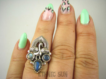 bpe9080 Orientalny Pierścień Pierscionek Królewski Paw oraz Labradoryt Spektrolit r.13 Srebro 925 #