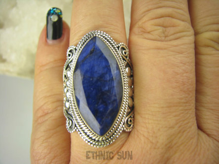 bpee3626 Szafirowy Długi 3.5 cm Przepiękny Pierścień Szafir Indyjski Szafiry - WIERNOŚĆ związkach , Stres, choroby oczu ciśnienie r.22/ r.23 Srebro 925 #