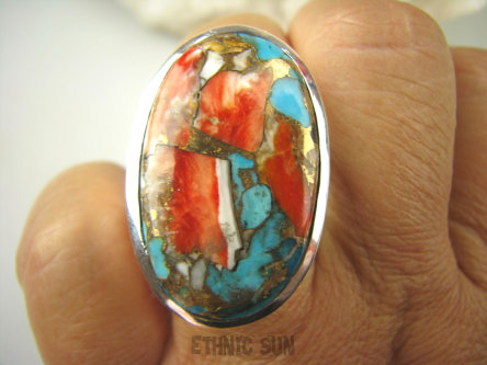 bpe7735 Wielobarwna Ostryga Klasyczny Pierścień OSTRYGOWY TURKUS MIEDZIANY Turkus OSTRYGA Muszla złota MIEDZ r.21 Srebro 925 #