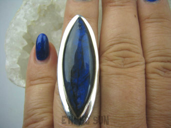 bpe5911 Klasyczny Długi 4,7 cm Pierścień ciemny Granatowy Labradoryt Spektrolit - kamień Zorzy Polarnej r.14 Lśniące Srebro 925 #