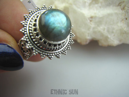 bpe5105  MAX BLASK  BAJECZNIE Piękny Pierścień Złocisto Zielony LABRADORYT Spektrolit - kamień Zorzy Polarnej r.18 SREBRO 925 #