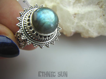 bpe5105  MAX BLASK  BAJECZNIE Piękny Pierścień Złocisto Zielony LABRADORYT Spektrolit - kamień Zorzy Polarnej r.18 SREBRO 925 #