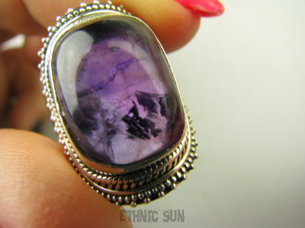 bpe8788 BIŻUTERIA ORIENTALNA !!! Pierścień Pierścionek naturalny Ametyst z inkluzjami piekny - kamień mądrości r.15/ r.16 Srebro 925 #