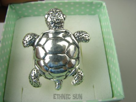 bpe8688 Morskie skarby MORSKI ŻÓŁW Z GALAPAGOS !!! WIELKI I PIĘKNY Niezwykły DUŻY 4 cm/3.3 cm Lśniący Pierścień Żółw Pierścionek z dmuchanego srebra r.22 Srebro 925 #