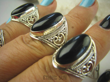 bpe6358 Śliczny Orientalny Pierścień Czarny ONYKS regeneruje SERCE, EGZEMY, PAMIĘĆ r.17 ażurowa obrączka Srebro 925