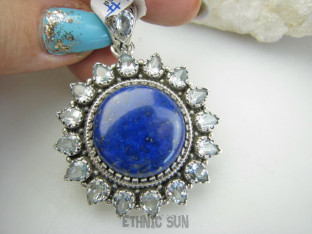 bwee2323 LUKSUSOWY KLEJNOT 20 g - Piękny Wisior SŁOŃCE Królewski Lapis Lazuli - strażnik prawdy,  BLUE TOPAZ - kamień młodości Srebro 925 #