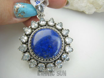 bwee2323 LUKSUSOWY KLEJNOT 20 g - Piękny Wisior SŁOŃCE Królewski Lapis Lazuli - strażnik prawdy,  BLUE TOPAZ - kamień młodości Srebro 925 #