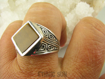 bpe8863 Piękny Sygnet  Pierścień Pierścionek Tygrysie Oko - Wspomaga Oczy Astma Krążenie i TRAWIENIE DUŻY  rozmiar r.27 zdobiona obrączka Srebro 925 #