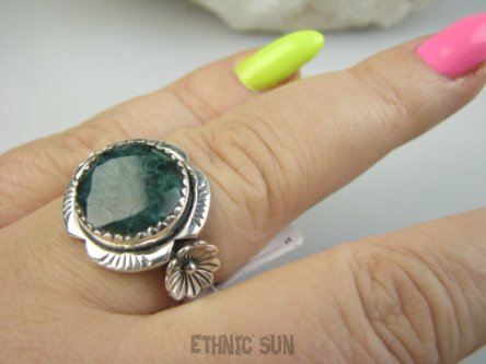 bpee4493 Piękny Pierścień Pierścionek NATURALNY SZMARAGD INDYJSKI Szmaragdy - r.18 Srebro 925 #