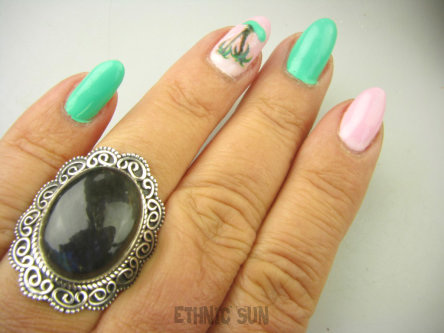 bpe8922 Biżuteria Orientalna !! Duży Pierścień Pierścionek ciemny LABRADORYT Spektrolit kamień Zorzy Polarnej w morskich falach r.16 SREBRO 925 #