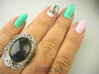 bpe8922 Biżuteria Orientalna !! Duży Pierścień Pierścionek ciemny LABRADORYT Spektrolit kamień Zorzy Polarnej w morskich falach r.16 SREBRO 925 #