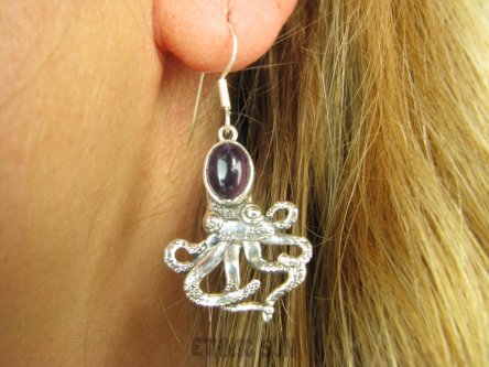 bke1184 Figlarne i przepiękne Ośmiorniczki cudowne kolczyki Ośmiornica - symbolizuje kreatywność, Ametysty SREBRO 925