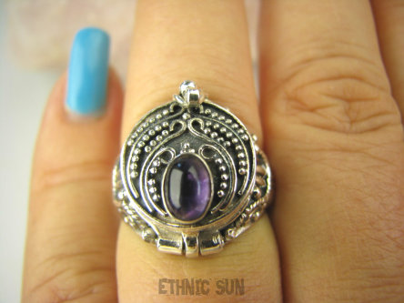 bpe8459 Bogato Zdobiony Piękny Sekretnik UNIKAT !!! Otwierany Pierścień Pierścionek na zdjęcia lub marzenia Ametyst r.17 Srebro 925 #