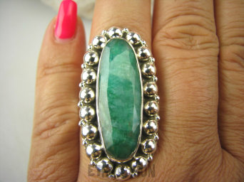 bpee3786 Cudowny  DUŻY Długi 4 cm Pierścień Zielony Szmaragd Indyjski - kamień Miłości Szmaragdy r.19 Srebro 925 #