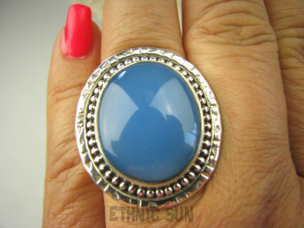 bpe7789 Błękitne Cacko Niebieski WSPANIAŁY Pierścień CHALCEDON (TARCZYCA) r.17 egzotycznie zdobione Srebro 925 #