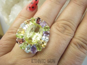 bpee4645 Wooow BOSKO PIĘKNY WIELOBARWNY Lux Pierścień Pierścionek naturalny Cytryn Lemon, Ametyst, Granaty, Oliwin, Blue Topaz r.17 SREBRO 925 #