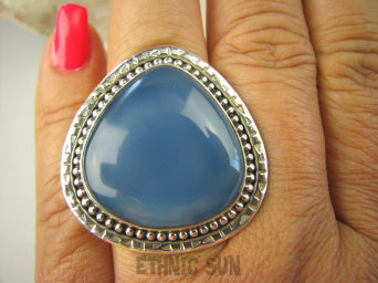 bpe7801  Niebieski cudny Pierścień CHALCEDON (TARCZYCA) r.17 egzotycznie zdobione Srebro 925 #