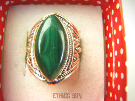 bpe9016 Biżuteria Egzotyczna !!! Delikatny Pierścień Pierścionek MALACHIT - pobudza kreatywność r.14 ażurowa obrączka Srebro 925 #