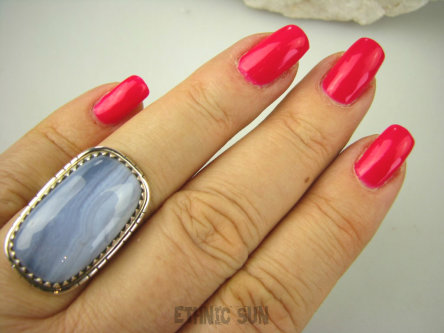 bpe6787 Egzotyczny Pierścień KORONKOWY AGAT BLUE LACE kamień spokoju i pozytywnego myślenia idealny na STRES, CHOROBY OCZU, USZU UKOJENIE DUSZY r.15 Srebro 925 #