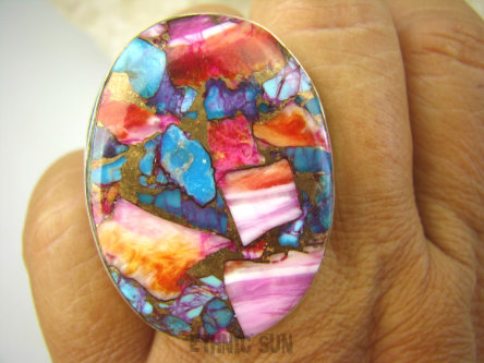 bpe8117 Boski Wielobarwny OKAZ 4 cm / 3 cm Pierścień OSTRYGOWY TURKUS MIEDZIANY Mojave OSTRYGA Muszla złota MIEDZ r.17/r.18 Srebro 925 #
