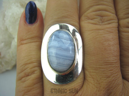 bpe5199 Klasyczny Pierścień KORONKOWY AGAT BLUE LACE kamień spokoju i pozytywnego myślenia idealny na STRES, CHOROBY OCZU, USZU UKOJENIE DUSZY r.17 lśniące Srebro 925 #