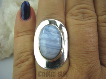 bpe5199 Klasyczny Pierścień KORONKOWY AGAT BLUE LACE kamień spokoju i pozytywnego myślenia idealny na STRES, CHOROBY OCZU, USZU UKOJENIE DUSZY r.17 lśniące Srebro 925 #
