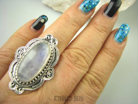 bpe6750 BAŚNIOWY KLEJNOT - Piękny Długi Regulowany Pierścień Kamień Księżycowy r.17, r.18, r.19, r.20, r.21, r.22 Srebro 925 #