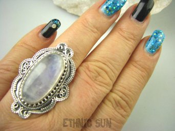 bpe6750 BAŚNIOWY KLEJNOT - Piękny Długi Regulowany Pierścień Kamień Księżycowy r.17, r.18, r.19, r.20, r.21, r.22 Srebro 925 #