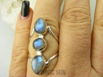 bpe8644 Długi 3.4 cm Finezyjny Ażurowy Pierścień podwójna obrączka Labradoryt Spektrolit kamień Zorzy Polarnej r.17 Srebro 925