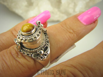 bpe6992 Pięknie Zdobiony Delikatny Sekretnik Otwierany Pierścień na zdjęcia lub marzenia  brązowy Tygrysie Oko r.15 Srebro 925 #