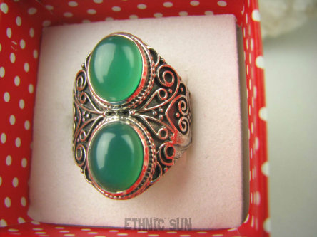 bpe6545 Magiczny Pierścień zielony ONYKS regeneruje SERCE, EGZEMY, PAMIĘĆ r.16 zdobiona obrączka Srebro 925 #