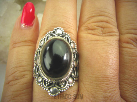 bpe6229 Śliczny DUŻY zdobiony Pierścień Czarny ONYKS regeneruje SERCE, EGZEMY, PAMIĘĆ r.17/ r.18 Srebro 925 #