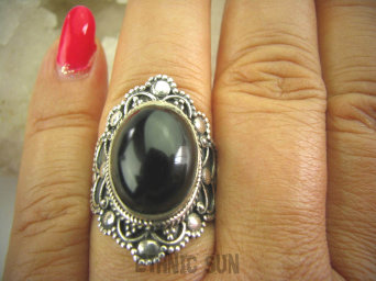 bpe6229 Śliczny DUŻY zdobiony Pierścień Czarny ONYKS regeneruje SERCE, EGZEMY, PAMIĘĆ r.17/ r.18 Srebro 925 #