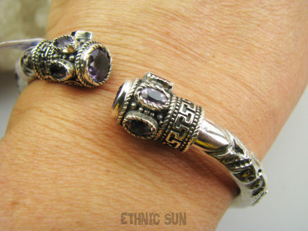 bb3925 Ależ piękna !!! LUKSUSOWA PIĘKNOŚĆ !!! CUDOWNA DUŻA 28/29G Orientalna Otwarta Bransoleta Bangla szlifowany Ametyst Ametysty Srebro 925 #