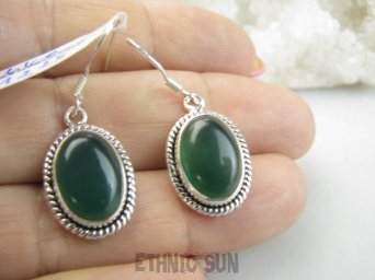 bke1225 Lekkie  Kolczyki ZIELONY ONYKS - regeneruje SERCE, EGZEMY, PAMIĘĆ orientalna oprawa Srebro 925