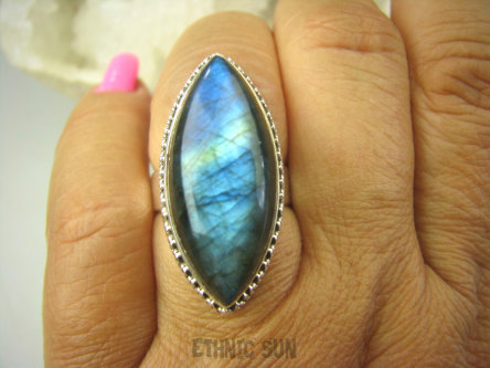 bpe7970 Czarodziejsko Piękny CUDOWNY Orientalny Pierścień Labradoryt Spektrolit - kamień Zorzy Polarnej r.16 Srebro 925 #