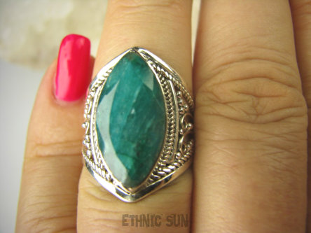 bpee3665 Delikatny ażurowy Pierścień zielony Szmaragd Indyjski Szmaragdy r.15 Srebro 925 #