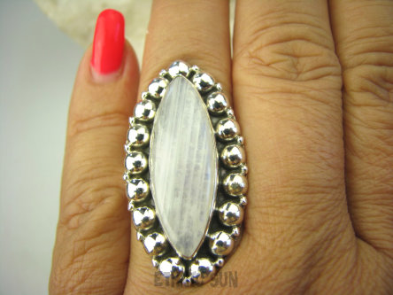 bpe8220 Biżuteria Orientalna !!! Długi 3.8 cm Egzotyczna Pierścień Kamień Księżycowy r.16/ r.17 Srebro 925 #